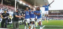  ?? Reuters ?? ■ Everton’s Abdoulaye Doucoure celebrates scoring their first goal with Conor Coady, Demarai Gray and Alex Iwobi.