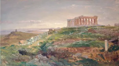  ??  ?? Frederic E. Church (1826-1900), The Parthenon and the Acropolis, Athens, 1869. Oil and graphite on paper mounted on canvas, 11½ x 20¼ in. New York State Office of Parks, Recreation, and Historic Preservati­on, Olana State Historic Site, Taconic Region,...