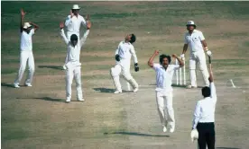  ?? Photograph: Adrian Murrell/Getty ?? Abdul Qadir of Pakistan celebrates after he captures the wicket of England’s Allan Lamb in the first Test in Karachi in 1984.