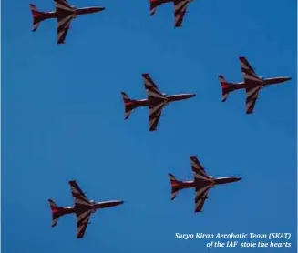  ??  ?? Surya Kiran Aerobatic Team (SKAT) of the IAF stole the hearts