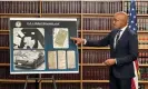  ?? Photograph: Robert Bumsted/AP ?? US attorney Damian Williams talks about a display of photos of evidence in an indictment against Senator Bob Menendez.
