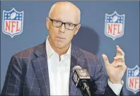  ?? AP PHOTO ?? In this March 2014 file photo, Atlanta Falcons President, CEO and NFL competitio­n committee member Rich McKay speaks about rule changes during a news conference at the NFL football annual meeting in Orlando, Fla.