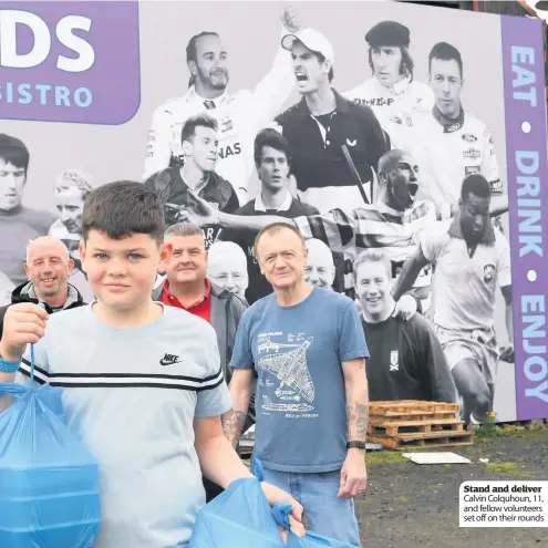  ??  ?? Stand and deliver Calvin Colquhoun, 11, and fellow volunteers set off on their rounds