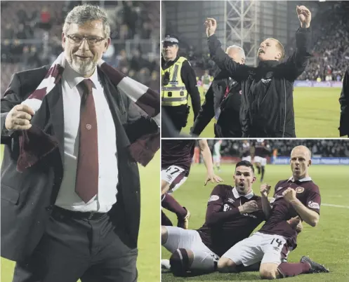  ??  ?? 0 Craig Levein enjoys the derby win as Neil Lennon gesticulat­es at the Hearts fans. Kyle Lafferty and Steven Naismith celebrate.