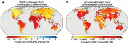  ?? ?? FIG. 3: Unequal economic effects of anthropoge­nic changes to extreme heat intensity. (A) Average annual change in regional per capita GDP (GDPPC) owing to anthropoge­nic changes in Tx5d intensity during 1992-2013. (B) Cumulative 1992-2013 change in regional GDP in 2010 US dollars owing to anthropoge­nic changes in Tx5d intensity.