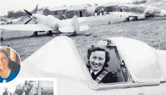  ?? Photos / Auckland Libraries Heritage Collection 06436; Air Force Museum MUS9508130 ?? June Howden in the cockpit of a Spitfire XIX; Betty Black (second from right) standing in front of an Anson; inset, Renee Hollis.