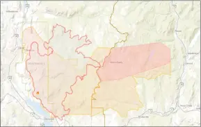  ?? BCWS/Special to The Herald ?? An updated map released Tuesday showing the perimeter of the Nk’Mip Creek fire, which is now pegged at 20,000 hectares. The map shows a finger of the fire on the east flank that made a beeline for Mount Baldy ski resort after jumping a guard on Sunday.