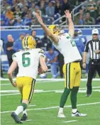  ?? DUANE BURLESON/AP ?? Packers kicker Mason Crosby (2) raises his arms after kicking the winning field goal against the Lions on Sunday.