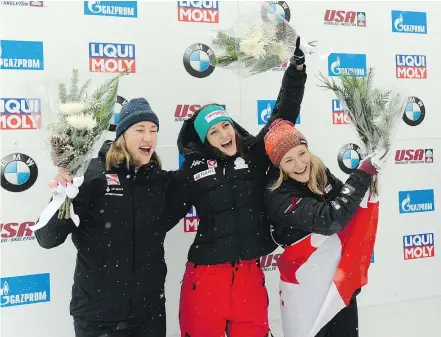  ?? — THE ASSOCIATED PRESS ?? Runner-up Lizzy Yarnold of the U.K., from left, winner Janine Flock of Austria, and Canada’s Mimi Rahneva, bronze, were happy skeleton racers at the World Cup in Lake Placid, N.Y., Saturday.