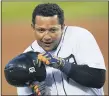  ?? PAUL SANCYA — THE ASSOCIATED PRESS ?? Detroit Tigers’ Miguel Cabrera gestures with his helmet against the Cleveland Indians in the first inning of Friday’s game in Detroit.