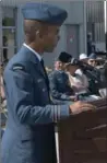  ?? CPL. ROD DOUCET PHOTO ?? Lieutenant-Colonel Leighton James addresses the crowd at the 424 (Transport and Rescue) Squadron Change of Command ceremony Thursday morning.