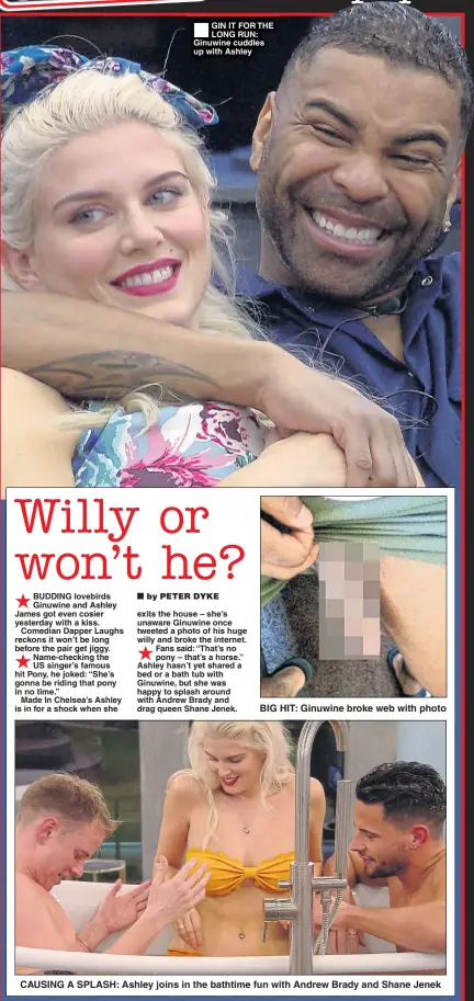  ??  ?? GIN IT FOR THE LONG RUN: Ginuwine cuddles up with Ashley BIG HIT: Ginuwine broke web with photo CAUSING A SPLASH: Ashley joins in the bathtime fun with Andrew Brady and Shane Jenek