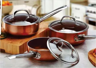  ??  ?? PANS YOU’LL WARM TO: Save £60 on these saucepans or £40 on two frying pans, inset