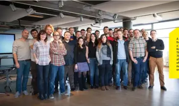  ??  ?? A gathering of developers from the editorial team and a rare photograph of Serge Hascoet (seventh from left). The team numbers around 70 in total, but it’s rare for all of them to be in the office at once, with so many away visiting studios or video...