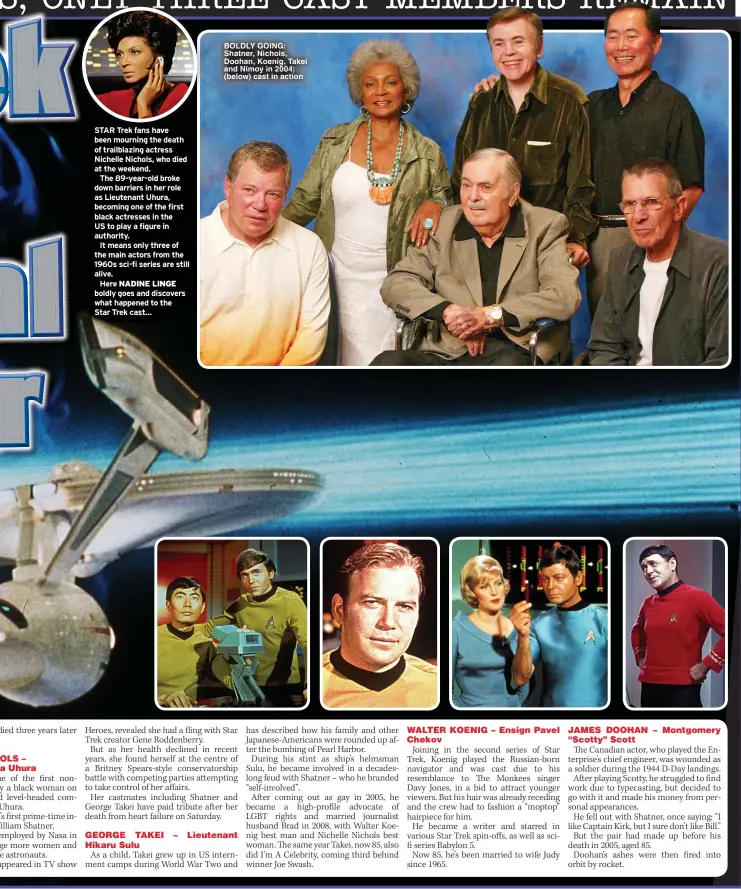  ?? ?? BOLDLY GOING: Shatner, Nichols, Doohan, Koenig, Takei and Nimoy in 2004; (below) cast in action