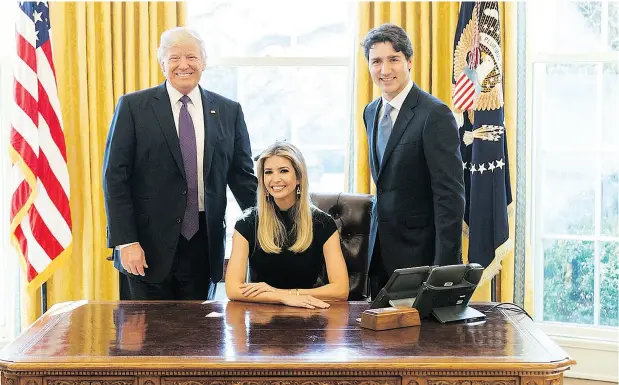  ?? TWITTER ?? A photo posted to Twitter showing President Donald Trump, Ivanka Trump sitting in the President’s chair and Prime Minister Justin Trudeau. Ivanka tweeted — “A great discussion with two world leaders about the importance of women having a seat at the...