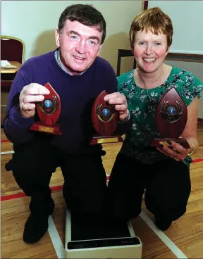  ??  ?? Thade O’Mahony, Cullen and Breeda Fitzgerald, Millstreet lessened the tension on the scales at a previous Cullen Weigh In. Picture John Tarrant