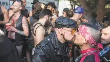  ?? Jana Asenbrenne­rova / Special to The Chronicle 2019 ?? People gather at a house party during the 35th annual Folsom Street Fair, a celebratio­n of alternativ­e sexuality.
