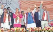  ?? RAJIB JYOTI SARMA/HT PHOTO ?? Prime Minister Narendra Modi at an election rally at Phulbari, Meghalaya, on Thursday.