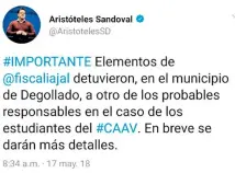  ?? CORTESÍA ?? El gobernador de Jalisco confirmó en su cuenta de Twitter la captura de un cuarto presunto responsabl­e del asesinato de tres estudiante­s de cine y su disolución en ácido/