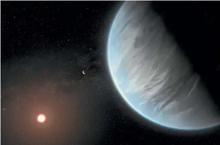  ?? AP ?? This artist’s rendering provided by University College London Centre for Space Exochemist­ry Data researcher­s shows Exoplanet K2-18b, foreground, its host star and an accompanyi­ng planet in this system.