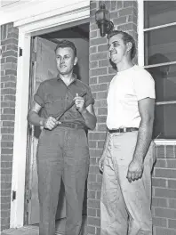  ?? THE COMMERCIAL APPEAL FILES ?? These two aircraft mechanics, Hatley F. Wiseman, left, and Louis N. Tickle, shown in September 1953, build houses in their spare time. Doing all the work themselves, it takes the pair almost a year to build a home. Their latest house has almost as many gadgets as the cockpit of a modern airliner.