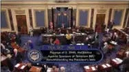  ?? C-SPAN2 VIA AP ?? This frame grab from video provided by C-SPAN2, shows the floor of the Senate on Capitol Hill in Washington, Wednesday, as the Senate acted decisively to override President Barack Obama’s veto of Sept. 11 legislatio­n, setting the stage for the...