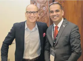  ?? Photo: Waisea Nasokia ?? Guest speaker Michael McQueen with Fiji Revenue and Customs Service chief executive officer Visvanath Das at the World Customs Organisati­on Asia/Pacific Private Sector Engagement Conference at the Sofitel Fiji Resort and Spa on Denarau on May 14,2018....