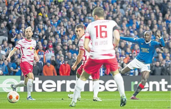  ?? ?? Glen Kamara slams home Rangers’ second goal against RB Leipzig at Ibrox last night as the Light Blues booked their place in the Europa League final.