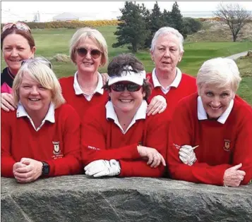  ??  ?? Liz McGoohan, Sinead Byrne, Rita O’Neill, Suzie Dixon and Noeleen Williams of Coollattin Golf Club with their manager Caroline Browne after their win over Blainroe in Arklow.