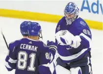  ?? Gerry Broome / Associated Press ?? Lightning goaltender Andrei Vasilevski­y made a playoff careerhigh 42 saves to secure the shutout victory.