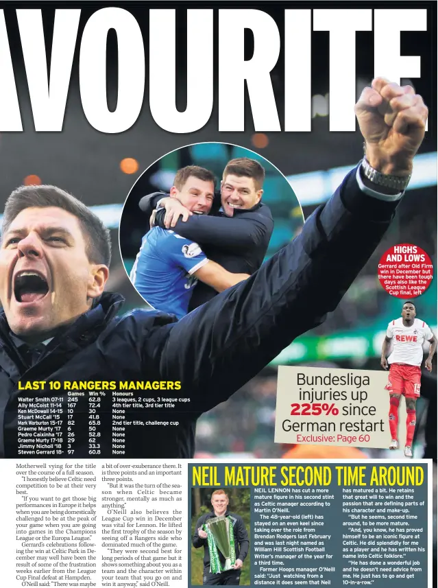  ??  ?? HIGHS AND LOWS
Gerrard after Old Firm win in December but there have been tough days also like the Scottish League Cup final, left