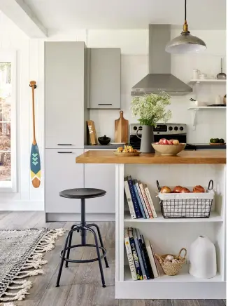  ??  ?? TOP LEFT: The country kitchen is rustic yet fresh. Caroline swapped the laminate counters for concrete-look quartz and installed new hardware, shelves, a kitchen island and shiplap to match the other rooms. A tin pendant has vintage appeal. Stool, Ikea; pendant, RH; floor tile, Céragrès; cabinet TFL panels, Canadian Grey (168), Uniboard. RIGHT: A new powder room conjures a farmhouse vibe with an enamel sink and barn-style sconce.
Alape sink, floor tile, Céragrès; faucet, Wayfair Canada; stool, mirror,
Zara Home; sconce,
Luminaire Authentik.