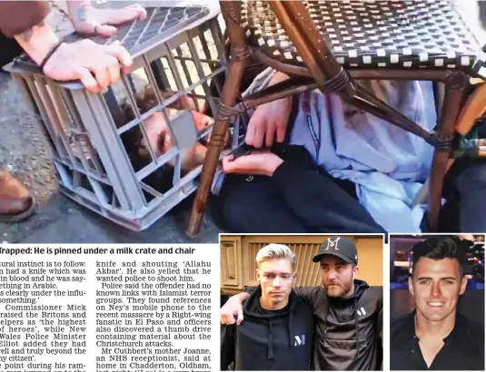  ??  ?? Trapped: He is pinned under a milk crate and chair Brothers in arms: Lee Cuthbert, Paul O’Shaughness­y and Luke, right