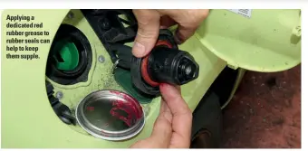  ??  ?? Applying a dedicated red rubber grease to rubber seals can help to keep them supple.