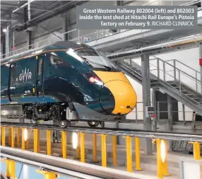  ?? RICHARD CLINNICK. ?? Great Western Railway 802004 (left) and 802003 inside the test shed at Hitachi Rail Europe’s Pistoia factory on February 9.