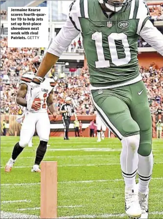  ?? GETTY ?? Jermaine Kearse scores fourth-quarter TD to help Jets set up first-place showdown next week with rival Patriots.