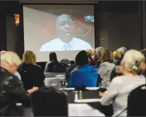  ?? (NWA Democrat-Gazette/Andy Shupe) ?? Anthony Bland, a Democratic candidate for Arkansas governor, speaks remotely via video link Friday during a candidate forum hosted by the Northwest Arkansas Political Animals at Mermaids restaurant in Fayettevil­le. The forum featured each Democratic candidate for Arkansas governor except Supha Xayprasith-Mays, who was invited but did not attend. Visit nwaonline.com/211023Dail­y/ for today’s photo gallery.