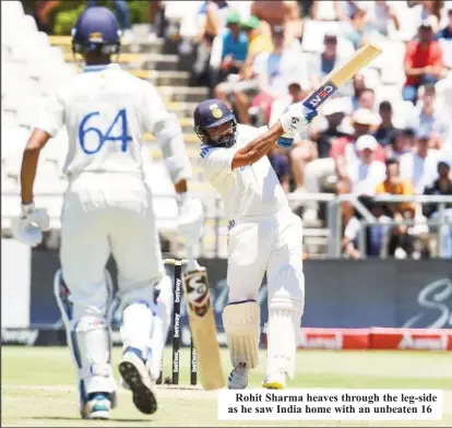  ?? ?? Rohit Sharma heaves through the leg-side as he saw India home with an unbeaten 16