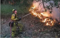  ?? ANDA CHU — STAFF PHOTOGRAPH­ER ?? Firefighte­r Zac Hansen with Cal Fire douses a hot spot along Highway 29near Calistoga. That city is under a mandatory evacuation order.