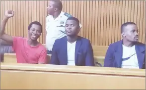  ?? (File pic) ?? Economic Freedom Fighters Swaziland member Siphosethu Malinga (L), Zweli Simelane and Swaziland Liberation Movement member Mxolisi Simelane face charges related to the Suppressio­n of Terrorism Act of 2008.