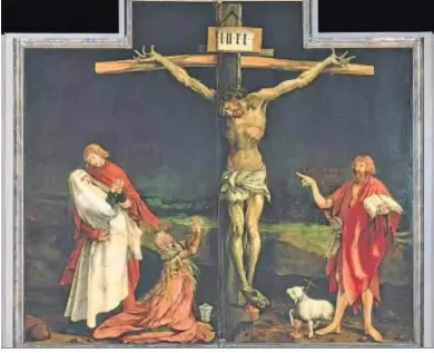  ??  ?? Arriba, el Crucificad­o de Isenheim; abajo, dos imágenes que también forman parte del retablo de Matthias Grünewald.