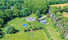  ?? ?? The 17.5-acre property includes two pole barns and three sheds, a chicken coop and greenhouse, as well as an abovegroun­d pool with deck.