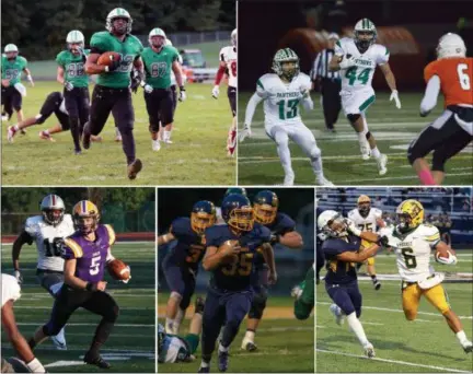  ?? MORNING JOURNAL FILE PHOTOS ?? Clockwise from top left, Columbia’s Brandon Coleman, Elyria Catholic’s Leighton Banjoff, Amherst’s Khennedy Scagliozzo, Olmsted Falls’ Jack Spellacy and Avon’s Ryan Maloy have been selected as the five finalists for the 2018 Matt Wilhelm Award. The winner will be announced on Nov. 12 during a special edition of Varsity Chalk Talk at the Hooley House in Westlake.