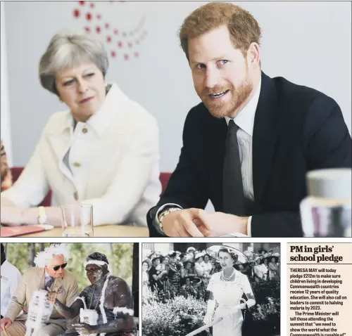  ?? PICTURES: PA WIRE/REX FEATURES. ?? EYE TO THE FUTURE: Prince Harry and Prime Minister Theresa May attending the Commonweal­th Youth Forum in London; Prince Charles, who will not automatica­lly become head of the Commonweal­th, in Australia; the Queen Down Under in 1954.