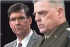  ?? WALSH/AP SUSAN ?? Defense Secretary Mark Esper, left, Chairman of the Joint Chiefs of Staff and Army Gen. Mark Milley speak Monday about the withdrawal of U.S. troops from Afghanista­n.