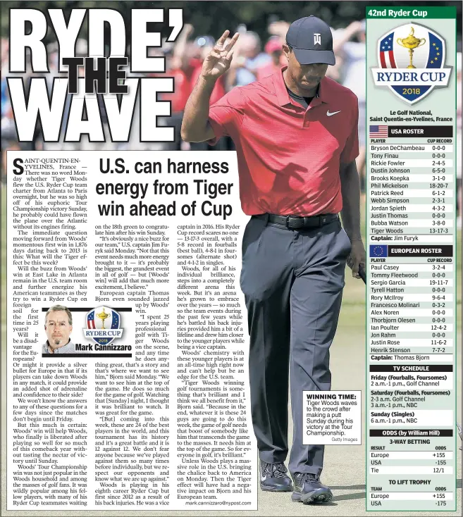  ?? Getty Images ?? WINNING TIME: Tiger Woods waves to the crowd after making a putt Sunday during his victory at the Tour Championsh­ip.