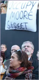  ??  ?? PROTEST: Mary Lou McDonald and Gerry Adams at the Moore Street demonstrat­ion