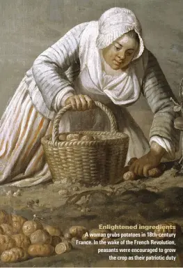  ??  ?? Enlightene­d ingredient­s
A woman grubs potatoes in 18th-century France. In the wake of the French Revolution, peasants were encouraged to grow the crop as their patriotic duty