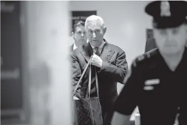  ?? THE ASSOCIATED PRESS ?? Longtime Donald Trump associate Roger Stone arrives Tuesday on Capitol Hill to testify behind closed doors as part of the House Intelligen­ce Committee’s investigat­ion into Russian meddling in the 2016 election.